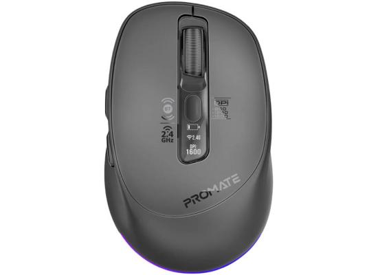 Promate Blix-3M Computer Mouse, Adjustable 1600DPI Sensor, 7D Silent Precision, OLED Smart Display, RGB Ambient Lighting, Rechargeable Battery, Bluetooth 5.1, Black